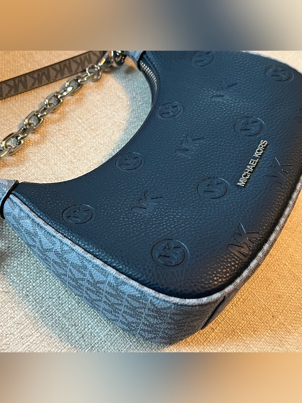 Michael Kors Blue Embossed Logo Crescent Shoulder Bag with Chain Strap
